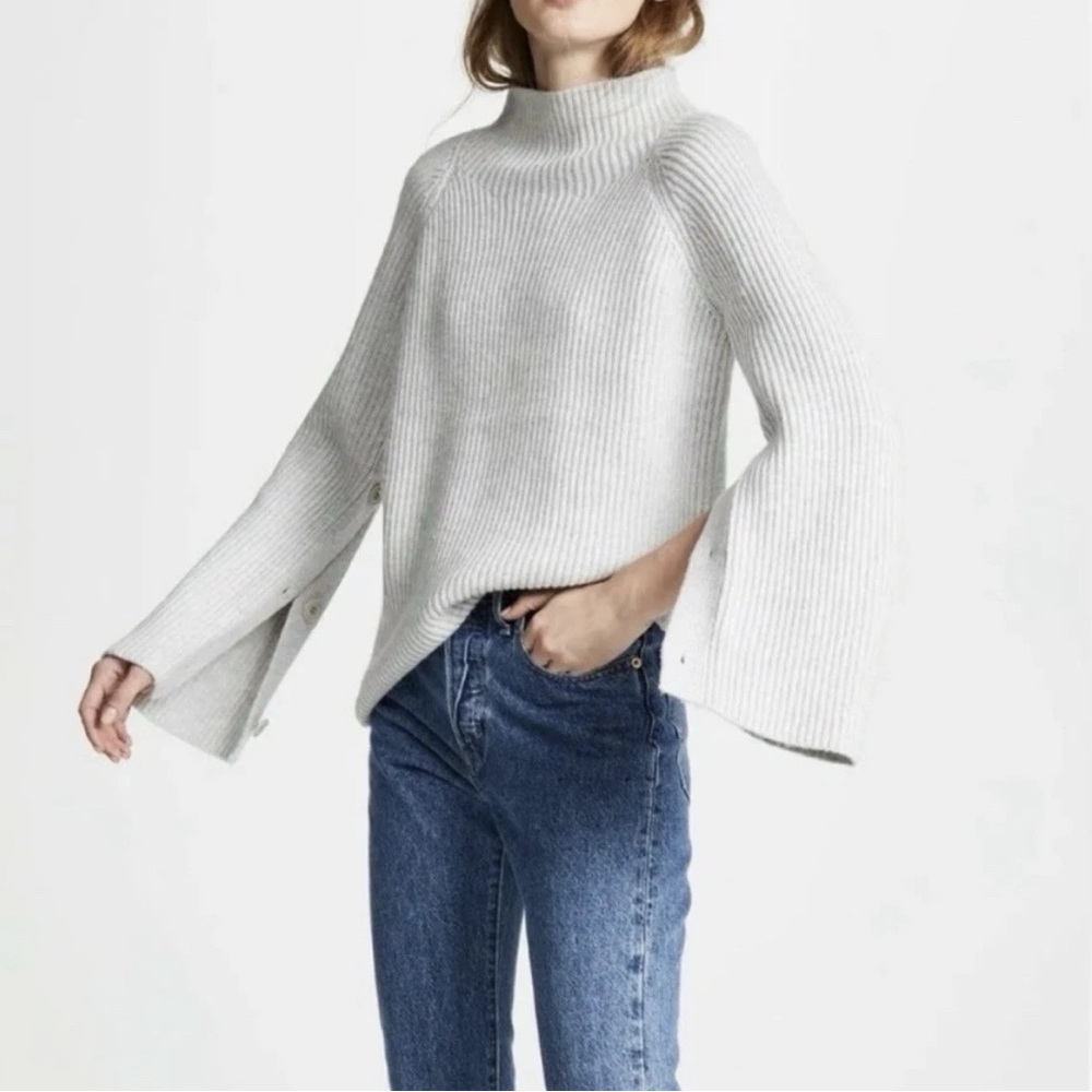 VINCE Funnel Neck Ribbed Button Sleeve Detail Wool Cashmere Blend Sweater XS.